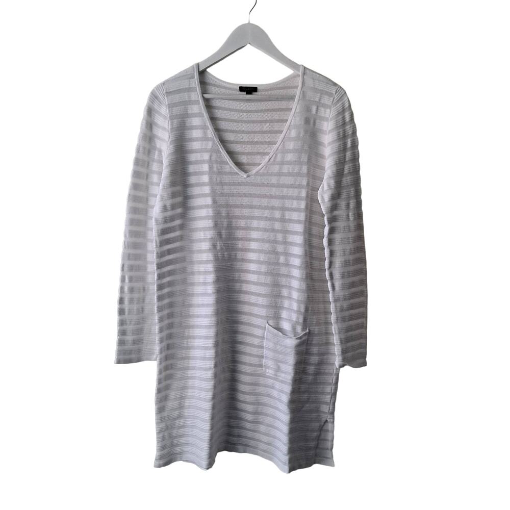Talbots Ivory Sheer & Textured Striped Vneck Long Sleeve Sheath Dress - Size M